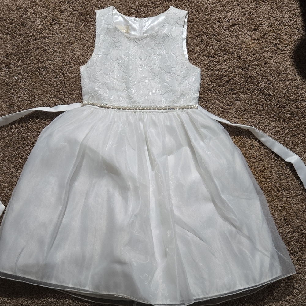 White Girls' Lace & Tulle Party Dress with Beaded Waist